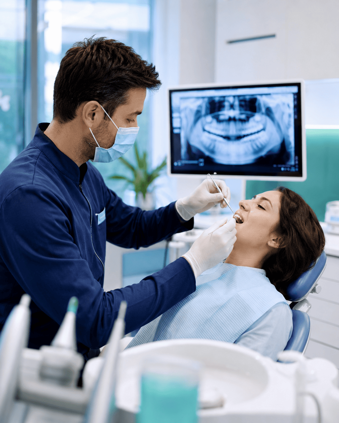 Dentista realizando atendimento clínico com radiografia ao fundo