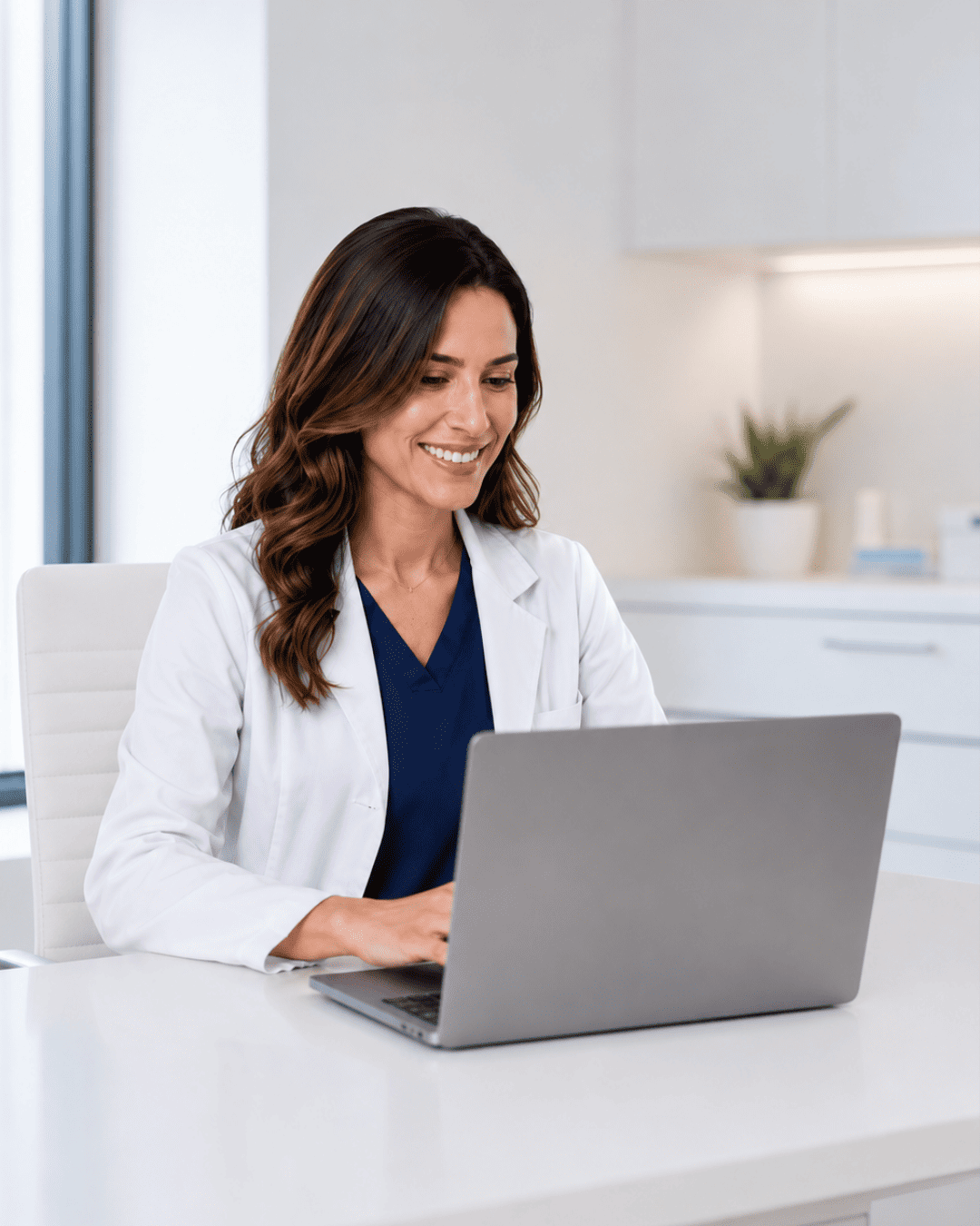 Dentista sentada em uma mesa de escritório utilizando um notebook